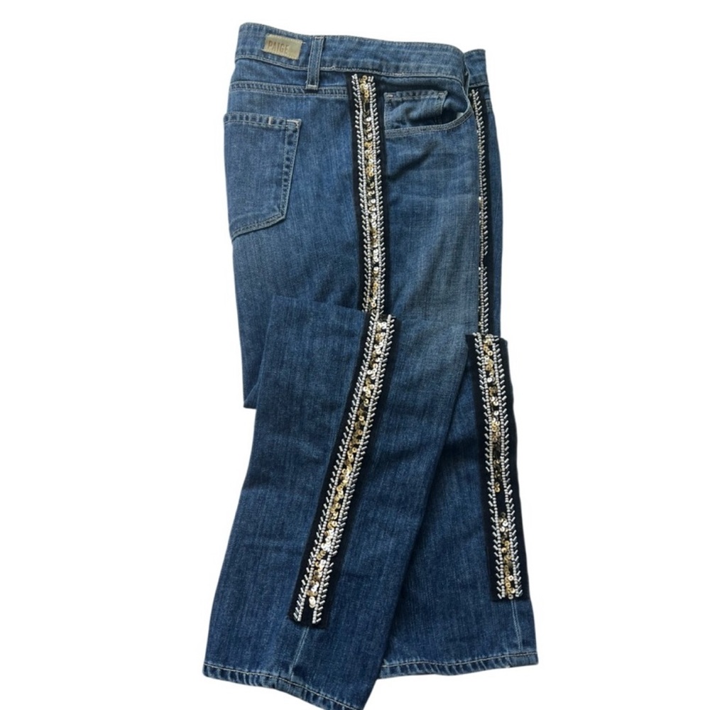 PAIGE  “ Jimmy Jimmy Crop”Women's Straight Leg Blue Jeans with Embellished Sides